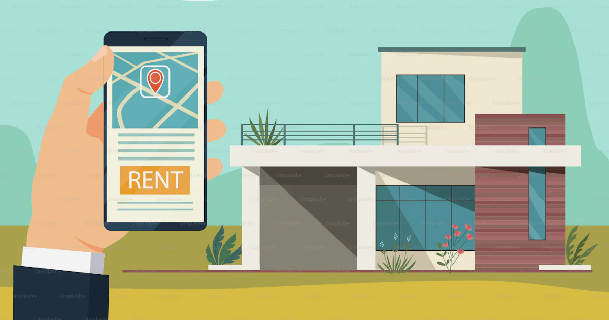 Hand hold smartphone. Rent house. Vector flat illustration, vector ...