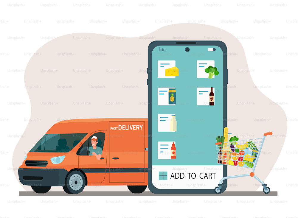 Online-Bestellung von Lebensmitteln. Smartphone, App und Einkaufswagen. Vektorgrafik.