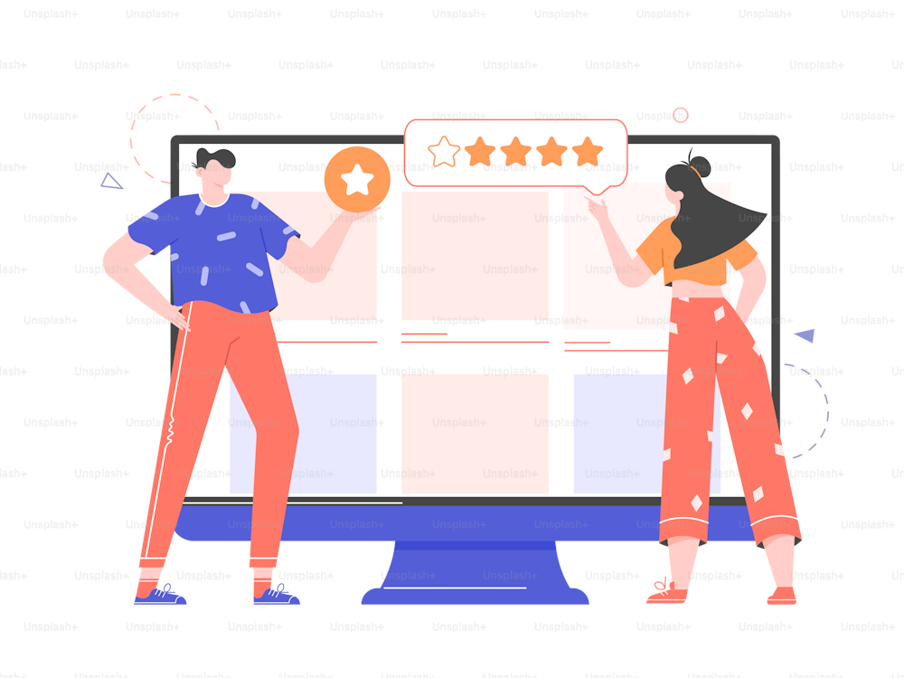 Feedback or rating concept illustration. Two young people write product reviews on the company's web page on a large monitor. Vector flat design.