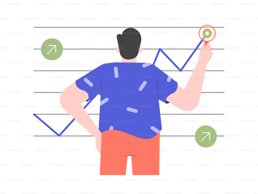 Man with a magnifying glass analyzes the graph. Financial growth, achievements, reports research. Vector flat illustration.