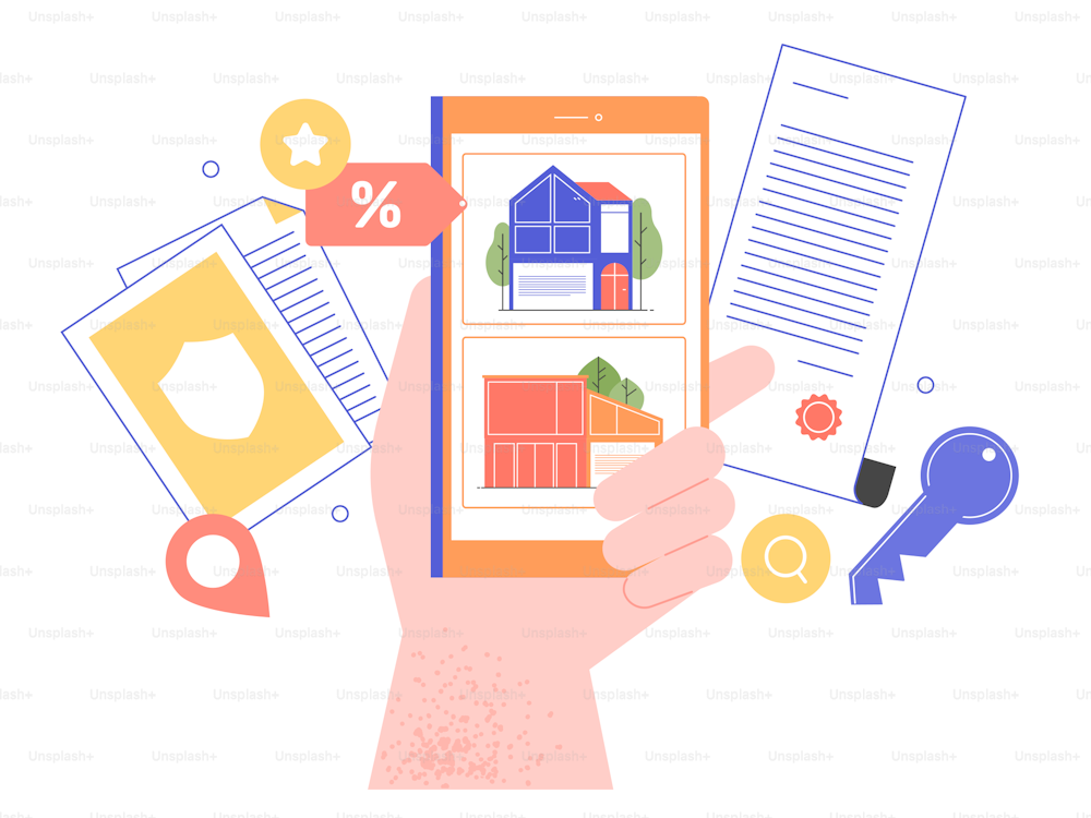 Hand holds a smartphone with a mobile application on the screen with real estate offers. Conclusion of a contract, handover of keys, secure transaction, favorable prices. Vector flat illustration.