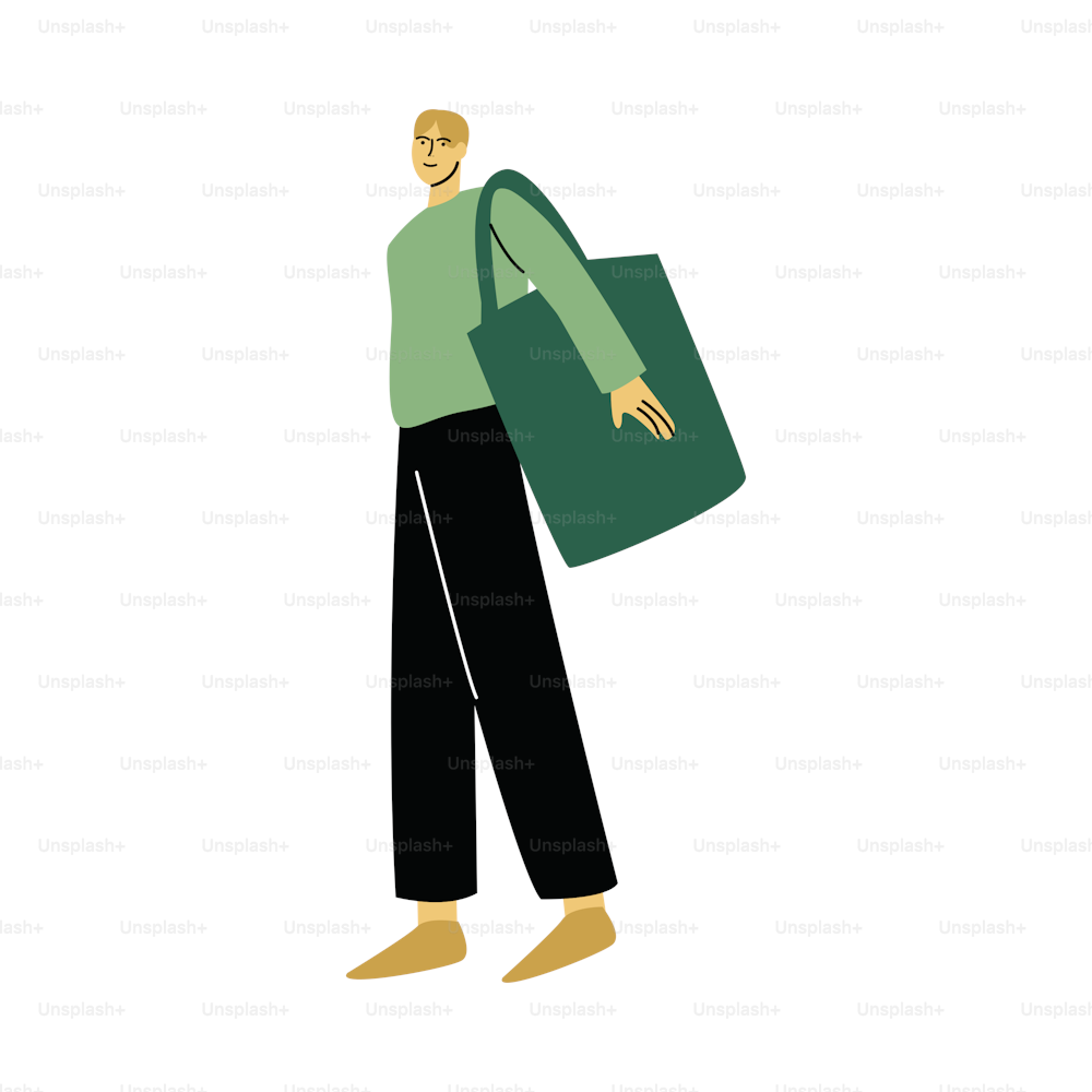 Homme blond aux cheveux blonds et souriant dans un t-shirt vert debout avec le sac écologique. Concept de style de vie écologique. Illustration d’icônes vectorielles isolées sur fond blanc dans un style dessin animé.