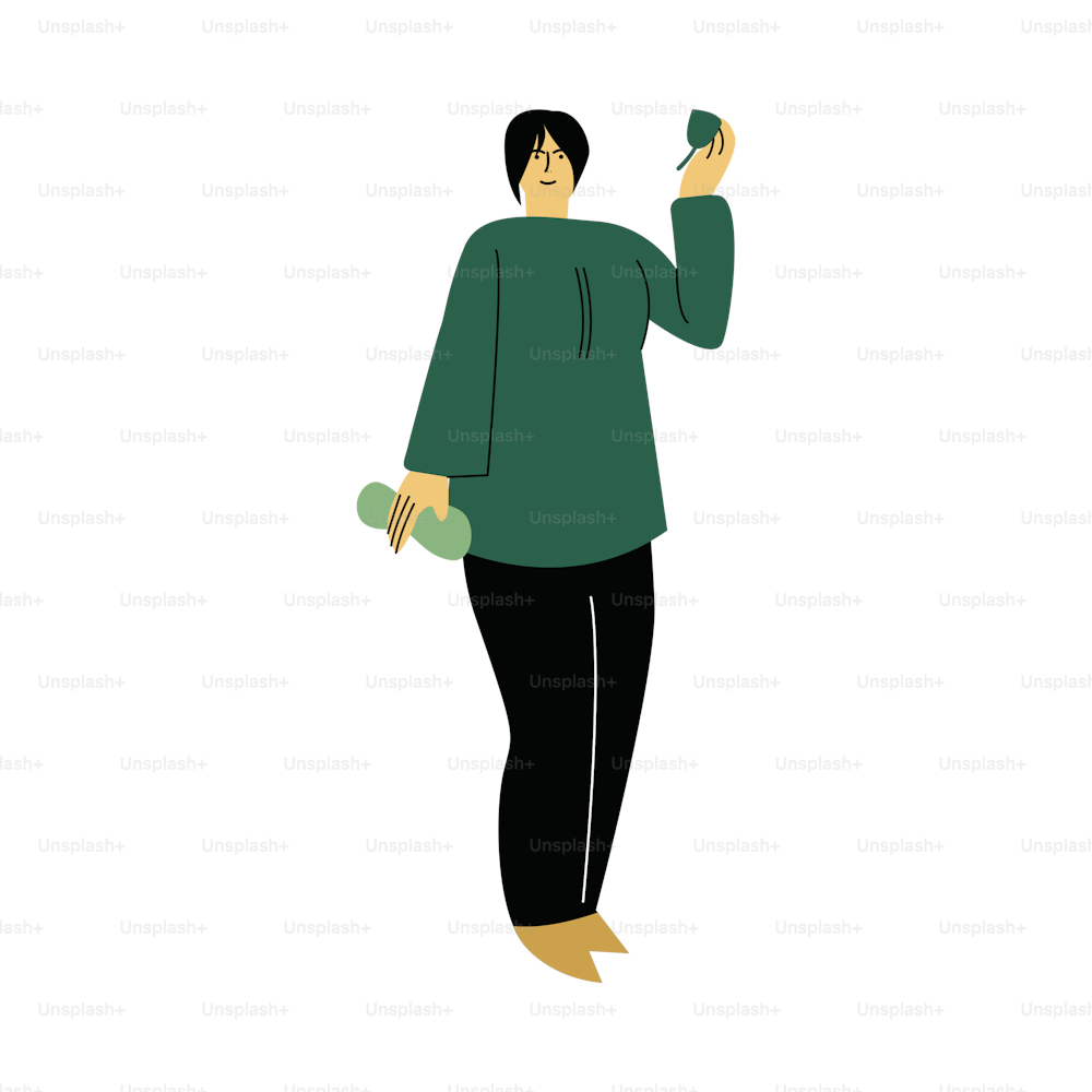 Glückliche lächelnde Öko-Freiwilligenfrau, die in einem grünen Hemd steht. Ökologisches Lifestyle-Konzept. Isolierte Vektorsymbol-Illustration auf weißem Hintergrund im Cartoon-Stil.