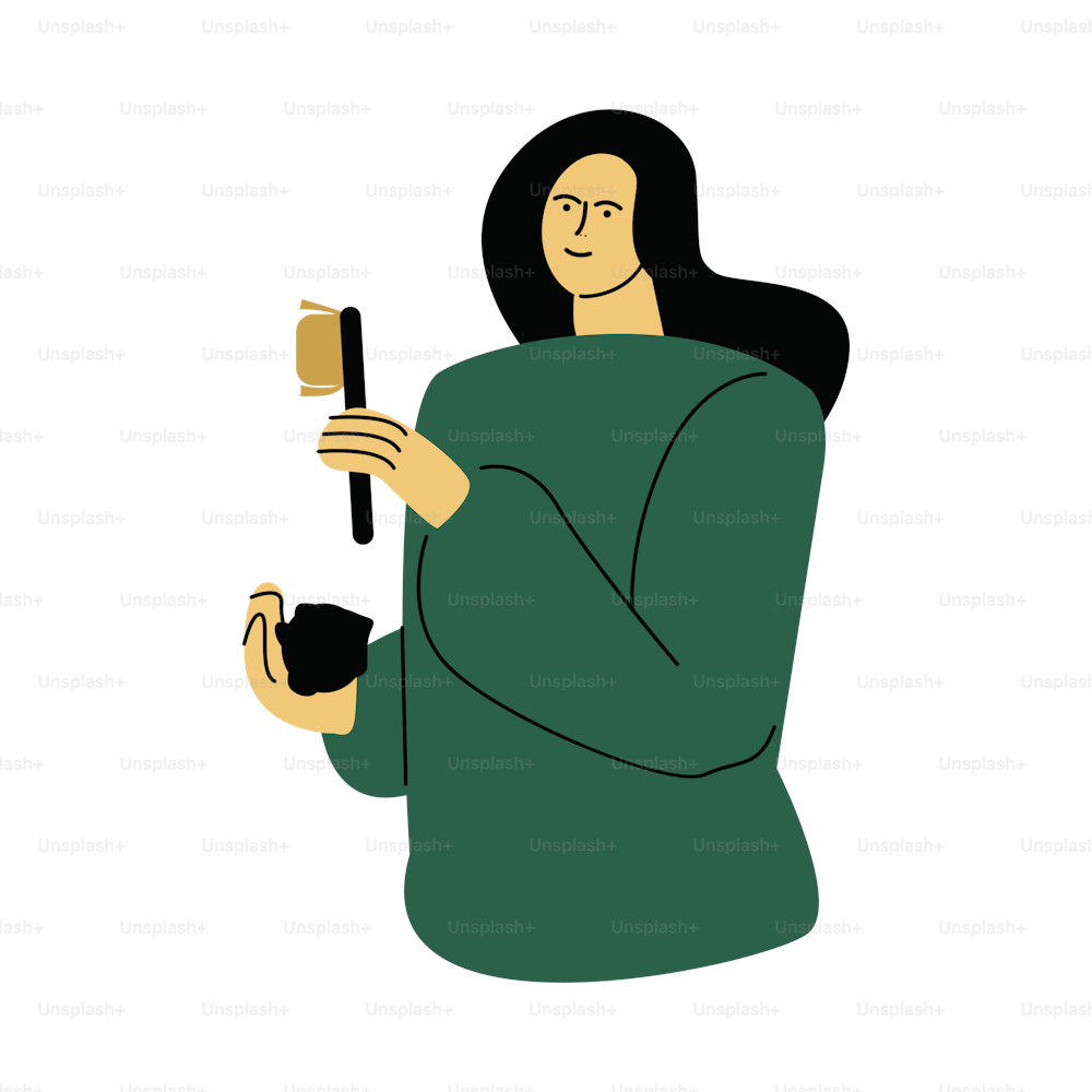 Feliz sorridente eco voluntário mulher de pé em uma camisa verde com um pincel. Conceito de estilo de vida ecológico. Ilustração isolada do ícone vetorial em um fundo branco no estilo dos desenhos animados.