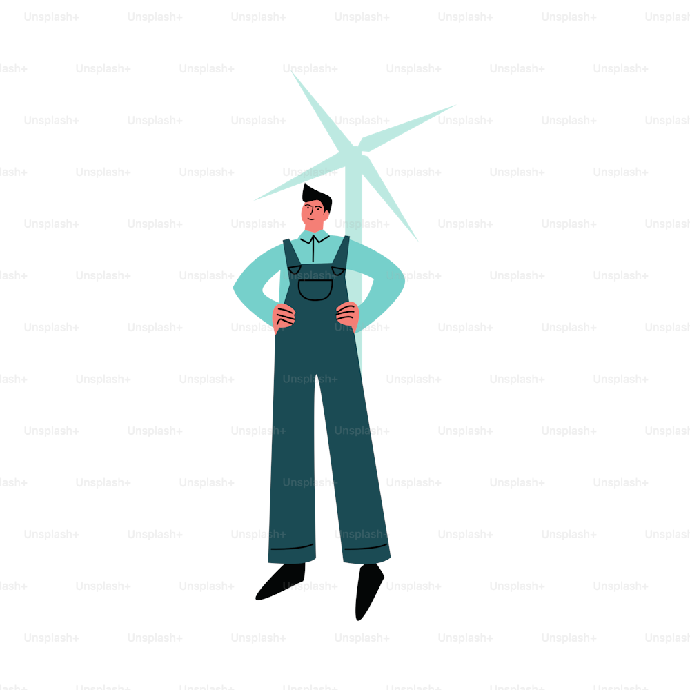 Lavoratore sorridente felice in pantaloni blu in piedi di fronte al mulino a vento. Proteggere l'ambiente. Illustrazione dell'icona vettoriale isolata su uno sfondo bianco in stile cartone animato.