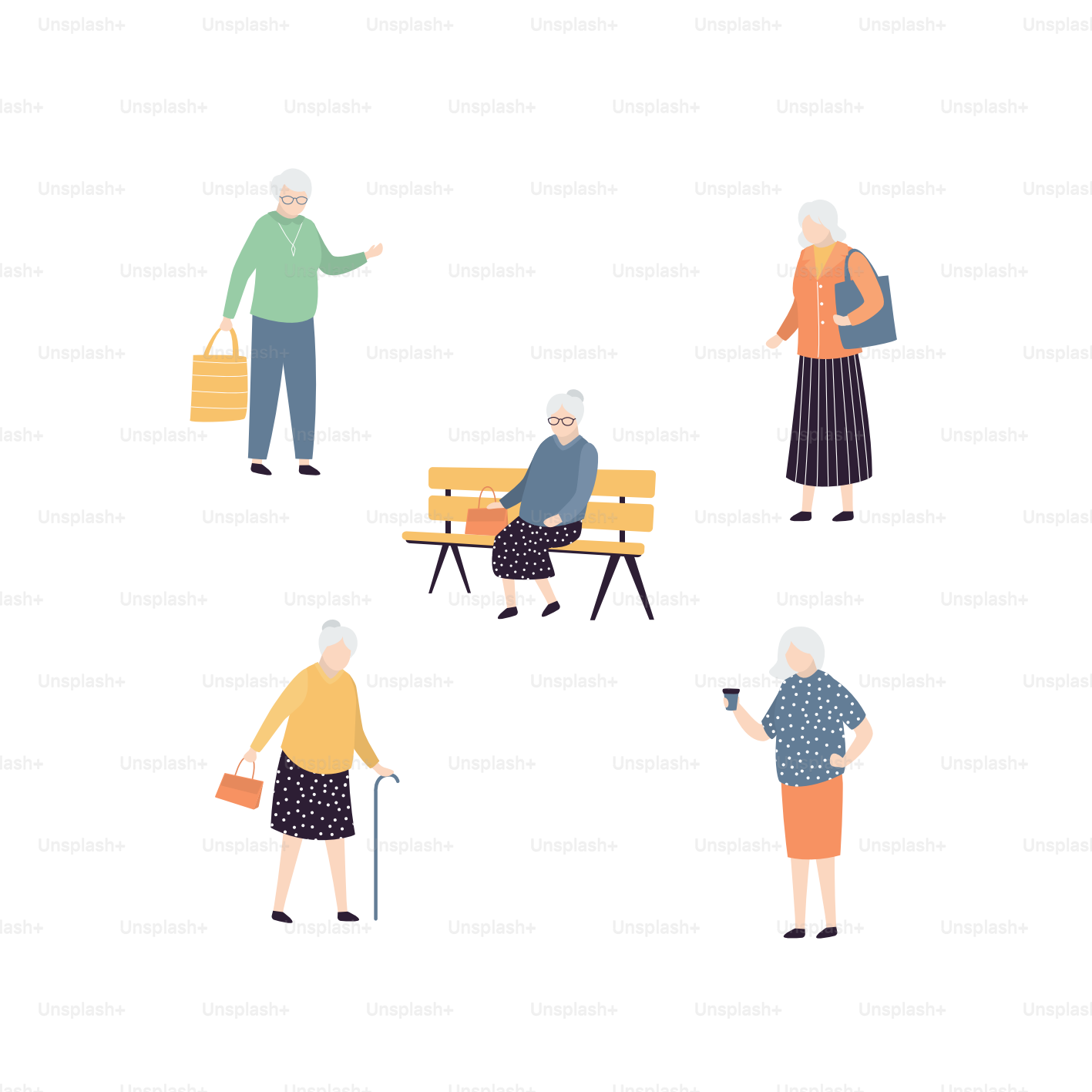 Set orang tua. Kumpulan karakter wanita tua dalam pose variasi. Nenek kartun orang terisolasi dengan latar belakang putih. Manusia tua yang modis. Ilustrasi vektor datar trendi