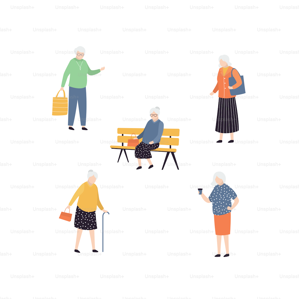 Set of elderly people. Collection of aged female characters in variation poses. Cartoon grandmother persons isolated in white background. Fashionable old humans. Trendy flat vector illustration