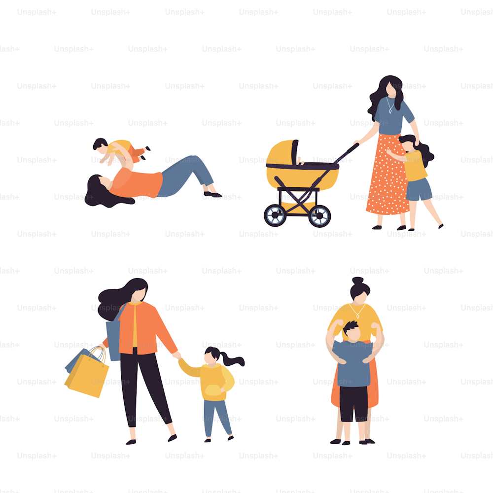 Set of various activities with mother. Woman shopping with child. Female character have fun with a baby. Young girl with a baby in stroller and daughter. Mom hugging with son. Flat vector illustration