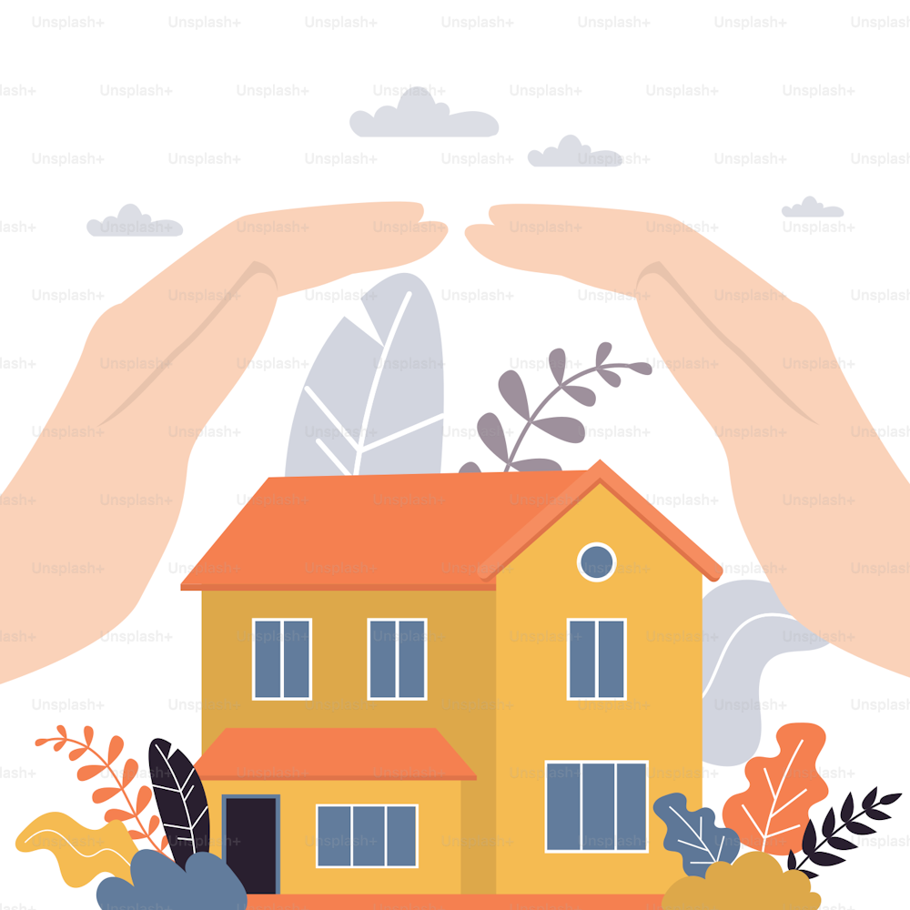 Real estate insurance concept background. Hands of businessman covering house with care. Home security protection banner. Trendy vector illustration