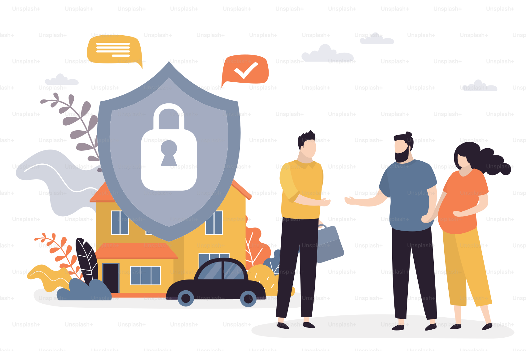 Happy love couple and salesman. Property,car and Insurance protection shield. Assurance plan, contract of full insurance coverage concept background. Beauty pregnant woman and husband. Vector
