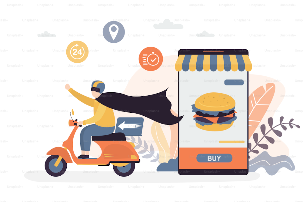 Funny delivery man ride motorbike. Courier dressed as a superhero. Fast delivery concept background. Online shop or cafe, internet order of fast food. Trendy style vector illustration