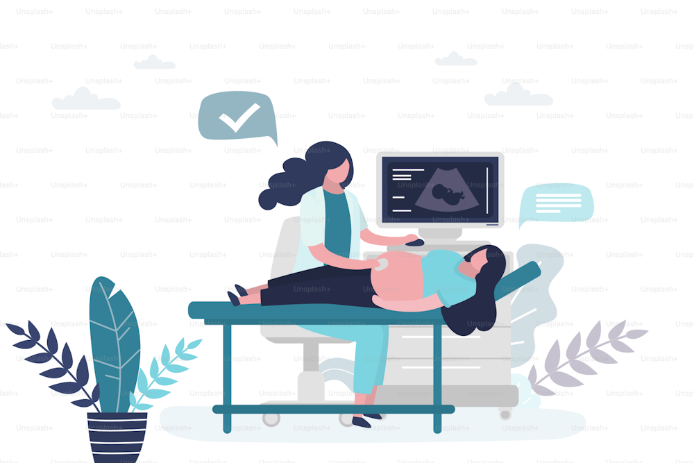 The doctor makes an ultrasound to a pregnant woman. Clinical examination, prenatal health care concept. Female characters in trendy style. Vector illustration