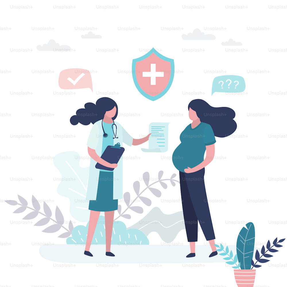 Pregnant woman at the gynecologist's appointment. Consultation and recommendations of a physician. Prenatal medicine,famale characters. Trendy vector illustration