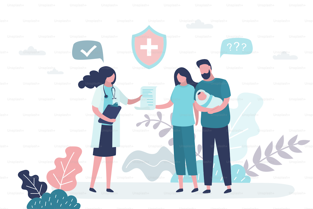 Doctor pediatrician examines a newborn baby. Scheduled visit to the doctor. Neonatologist talk with mother cand father. Consultation and recommendations. Healthcare banner concept. Trendy vector
