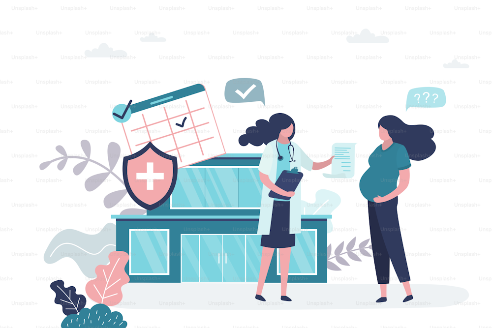 Beauty pregnant woman gets advice from a gynecologist. Doctor gives pregnancy advice. Medical consulting services. Female character, hospital or clinic on background. Flat vector illustration