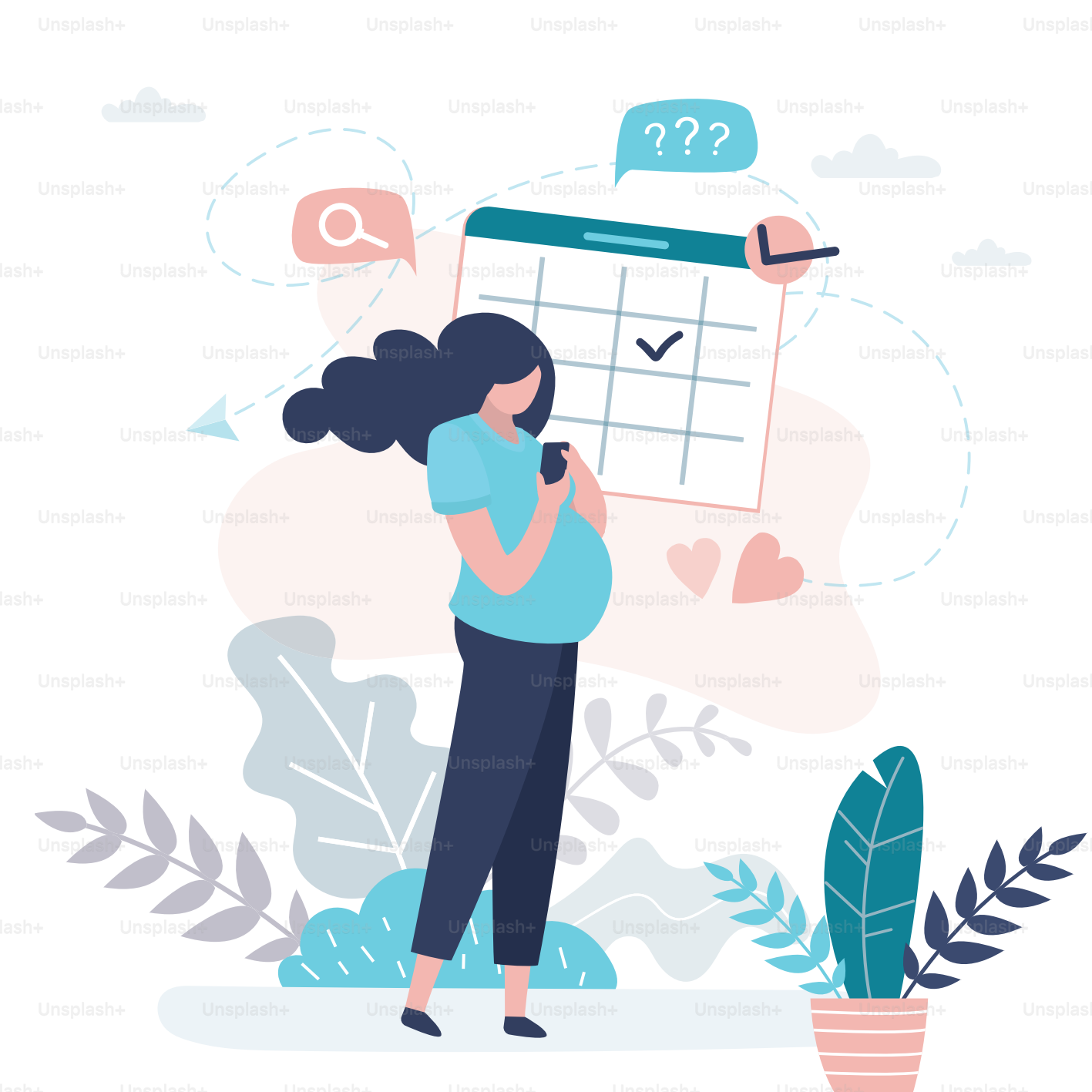 Glückliche schwangere Frau benutzt Handy. Terminplan des Arztes und Geburtsdatum. Schwangerschaft und pränatale Periode. Süße weibliche Figur. Trendige Vektorillustration