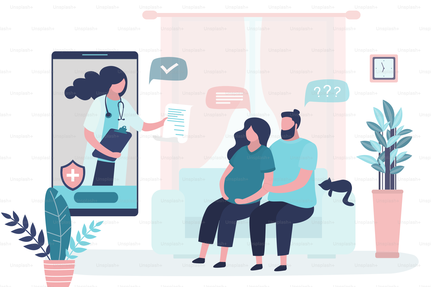 Online consultation,recommendations of a physician. Prenatal medicine. Medical app on smartphone. Internet chat. Cute pregnant woman with husband in home and doctor. Living room interior.Vector