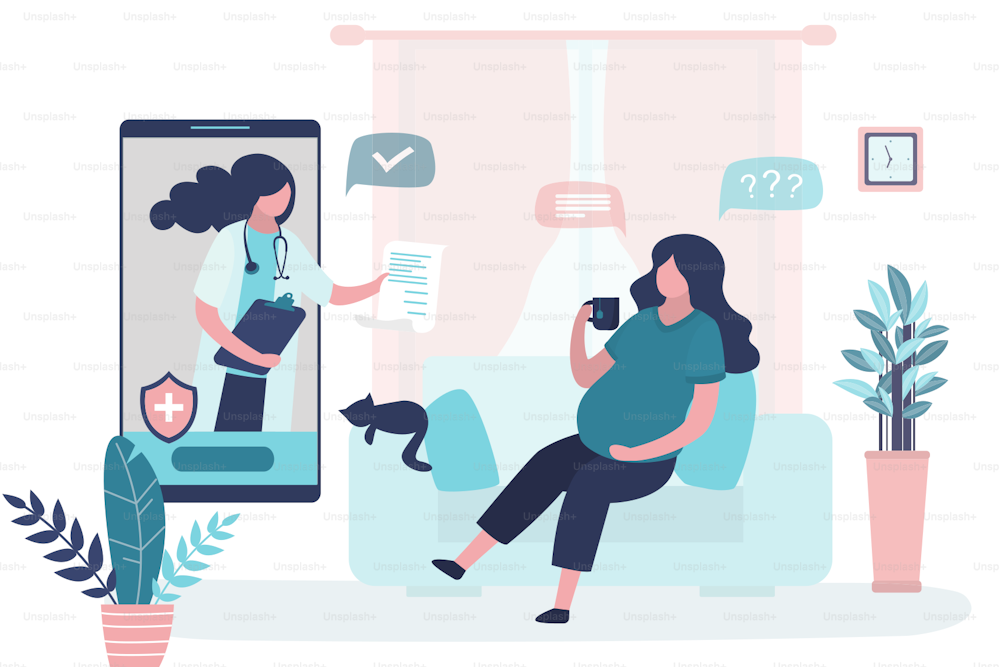 Online consultation,recommendations of a physician. Prenatal medicine,famale characters. Medical app on smartphone. Internet chat. Cute pregnant woman in home and doctor. Living room interior.Vector