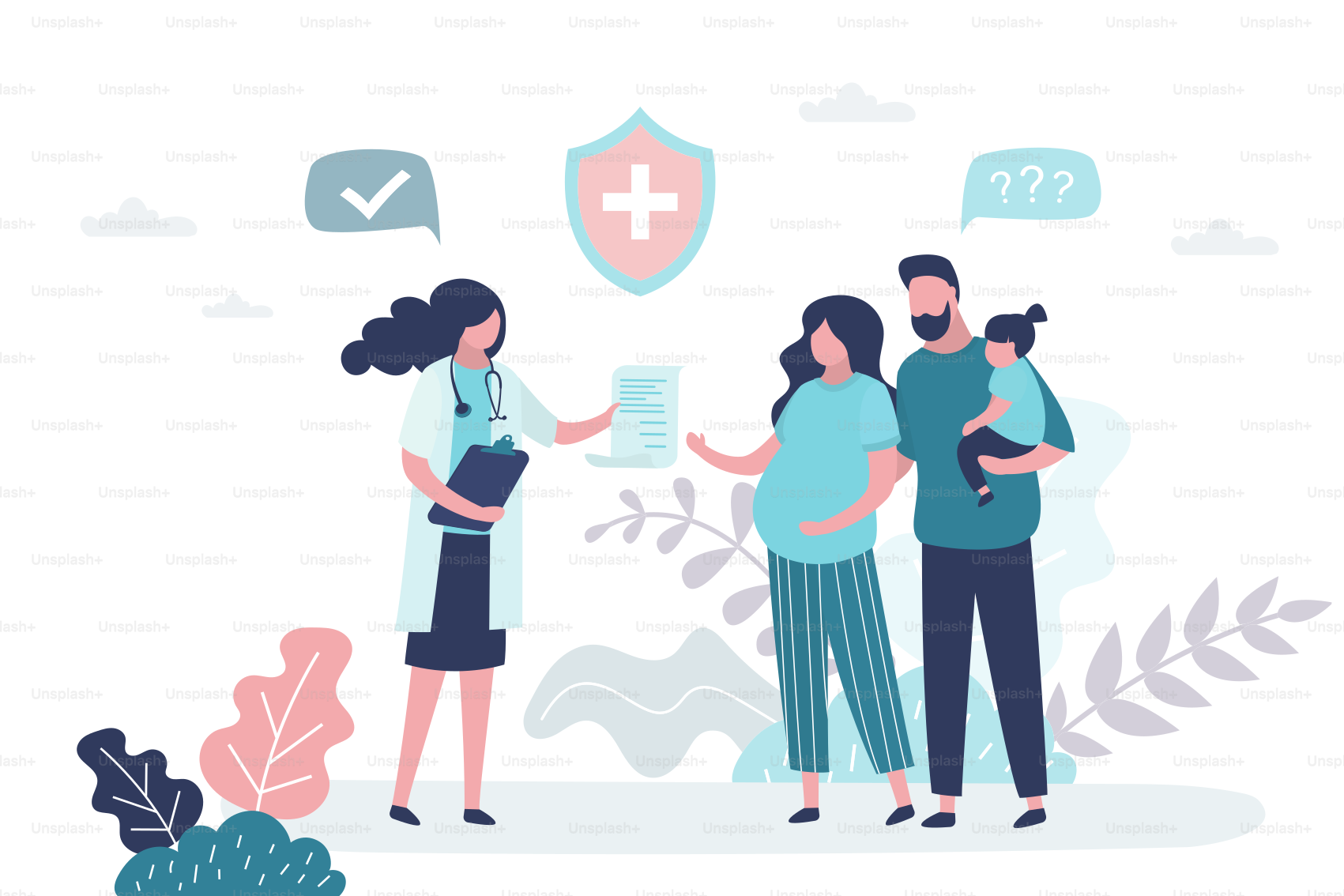 Hausarzt. Schwangere Frau beim Termin beim Frauenarzt. Beratung und Empfehlungen eines Arztes. Pränatale Medizin, weibliche und männliche Charaktere. Trendige Vektorillustration