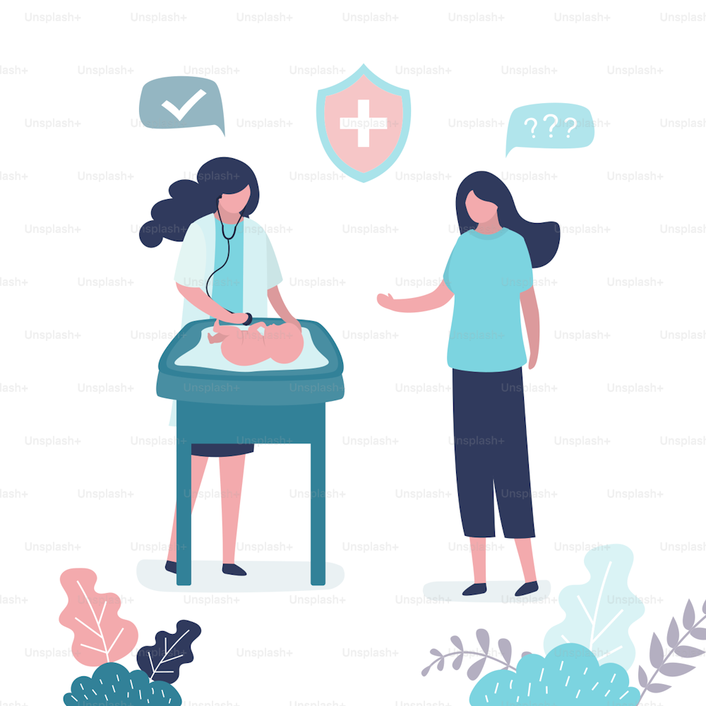 Doctor pediatrician examines a newborn baby. Scheduled visit to the doctor. Neonatologist talk with mother. Consultation and recommendations. Healthcare banner concept. Trendy vector