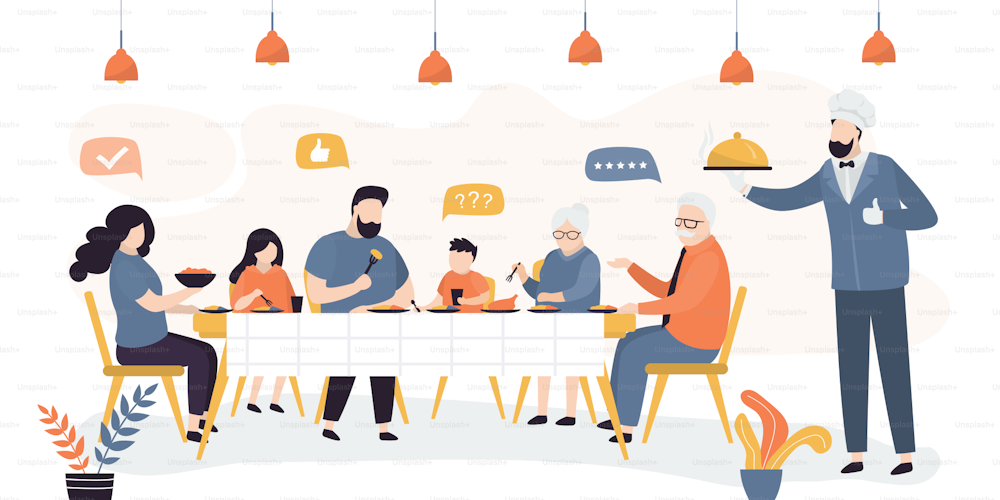 Big family eats in cafe or restaurant. Handsome chef or waiter with a tray. Grandparents, Parents with children sit at a table in cafe and have lunch. People celebrate. Vector illustration