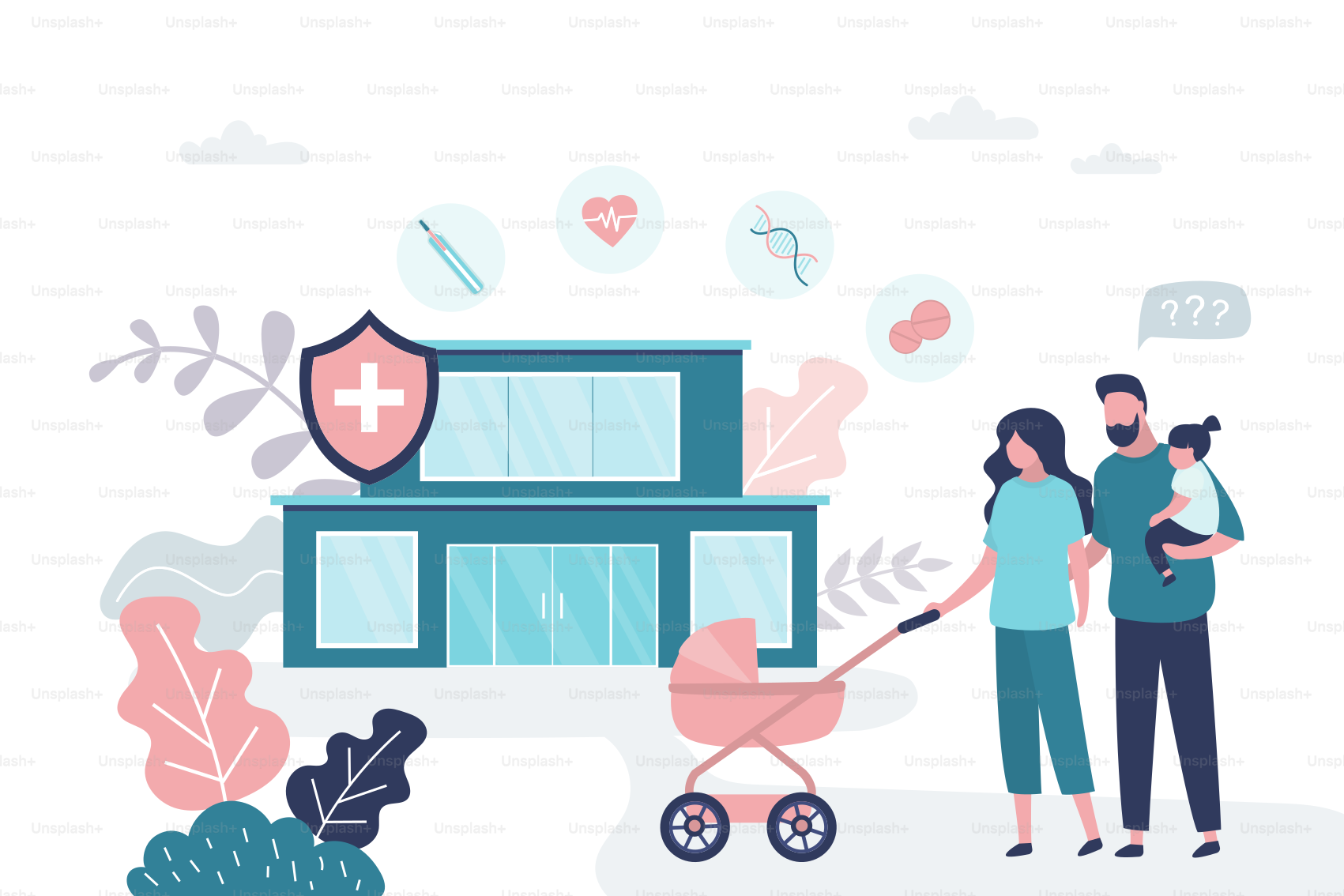 Happy family near hospital. Healthcare banner. Cute family came to hospital for medical examination. Baby stroller,mother and father with child on hand. Health insurance banner. Vector illustration
