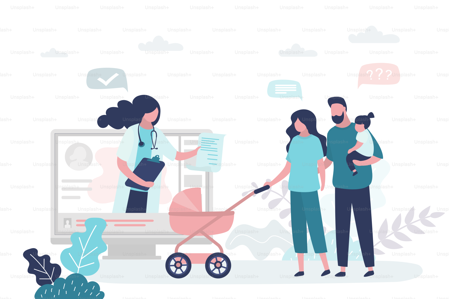 Consulta médica online, recomendaciones de un médico. Sitio médico en el monitor del ordenador. Chat por internet. Familia y médico. Banner de concepto de salud. Ilustración vectorial de estilo moderno