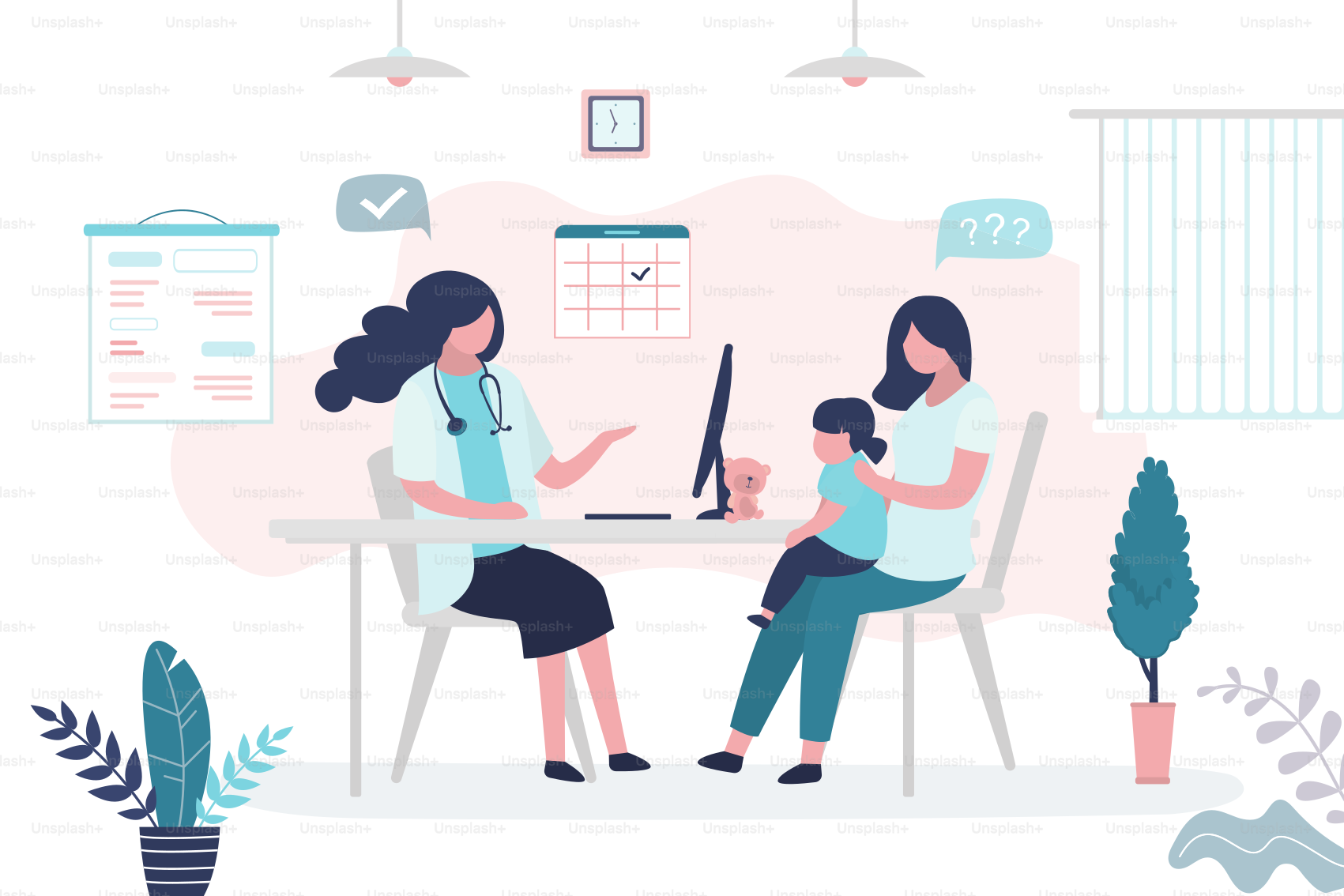 Pediatrician doctor and patient talking. Mother with daughter and female medical specialist or nurse. Health care, medical consultation background. Clinic room interior. Vector illustration