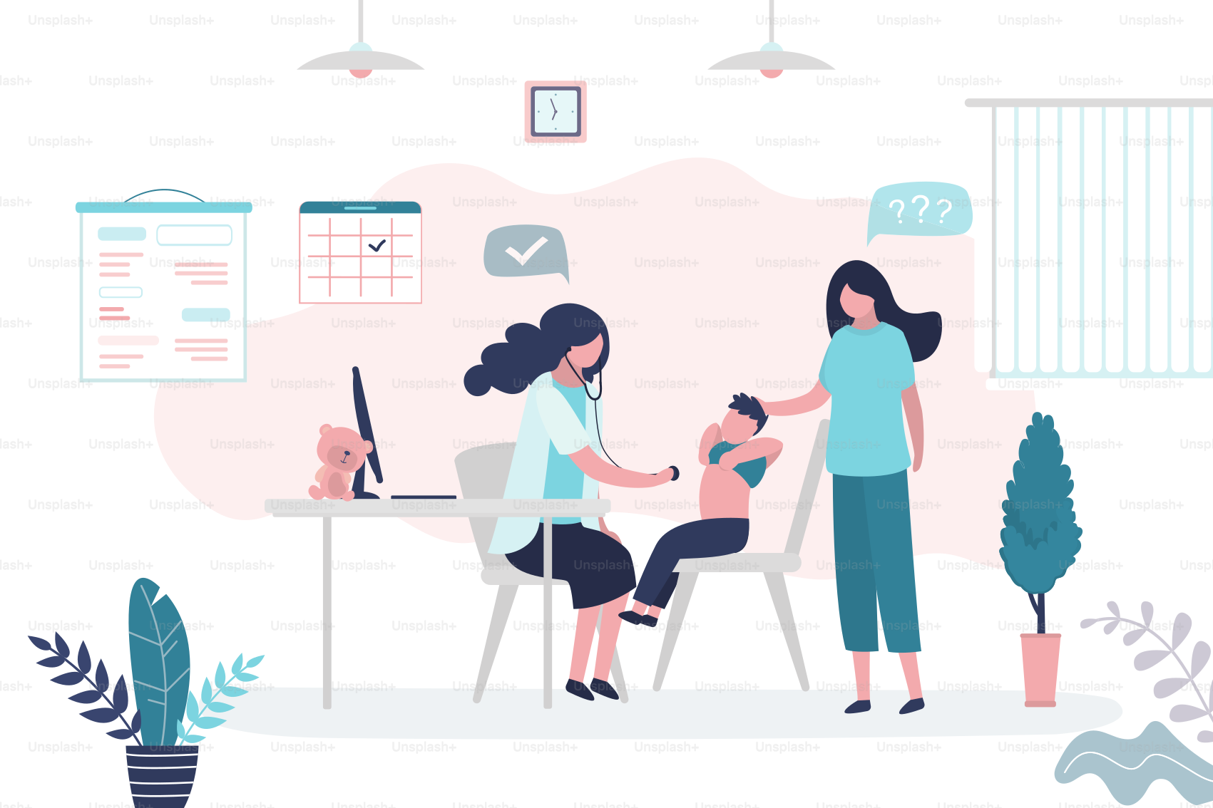 Pediatrician doctor listens to a child boy with stethoscope. Mother with son and female medical specialist or nurse. Health care, medical consultation background. Clinic room interior. Vector illustration