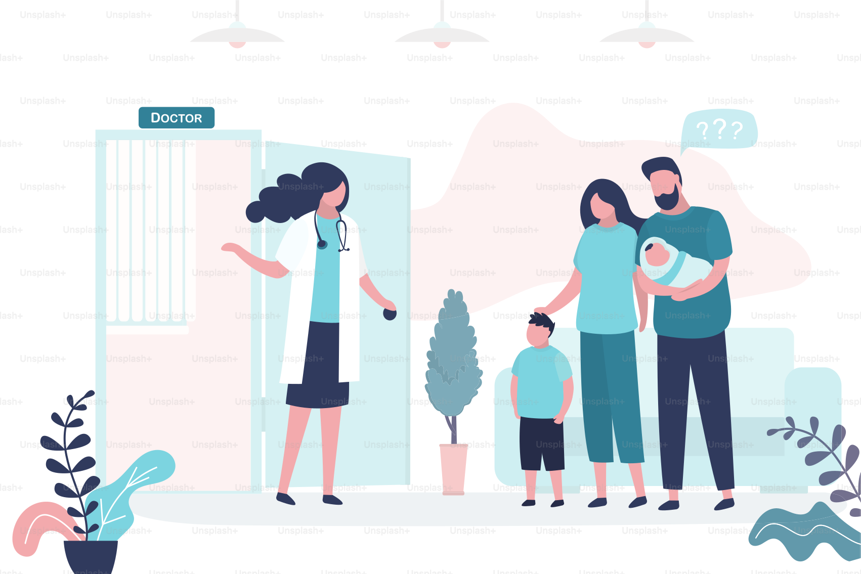 Die Eltern brachten die Kinder zu einem Kinderarzt. Weibliche medizinische Fachärztin oder Krankenschwester. Hintergrund im Gesundheitswesen, medizinische Beratung. Innenraum der Klinik. Vektorillustration