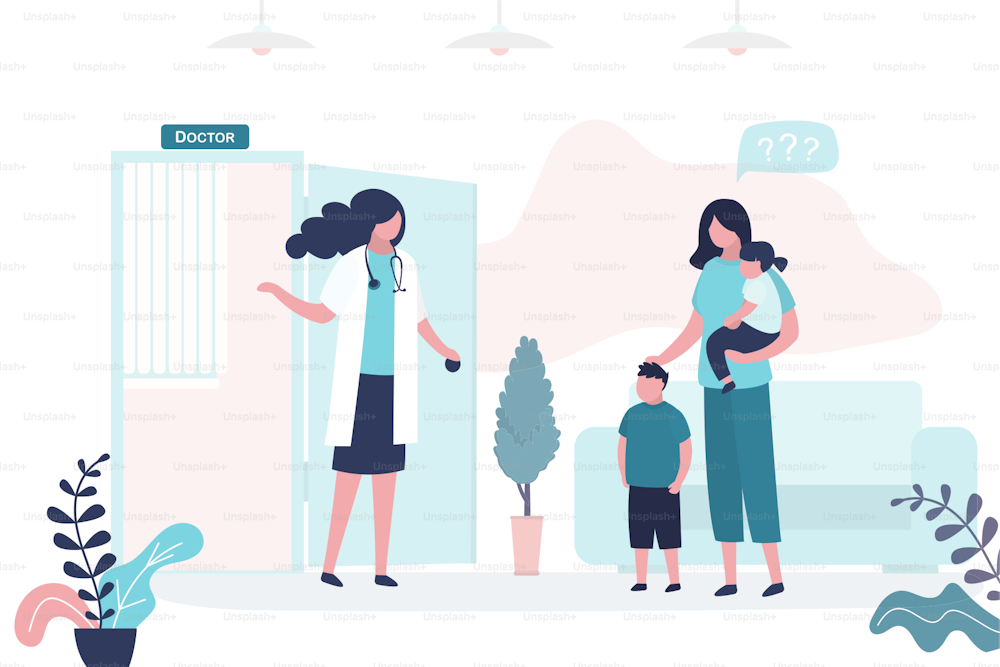 Mother brought the children to see a pediatrician. Mom with son and daughter, female medical specialist or nurse. Health care, medical consultation background. Clinic room interior. Vector illustration