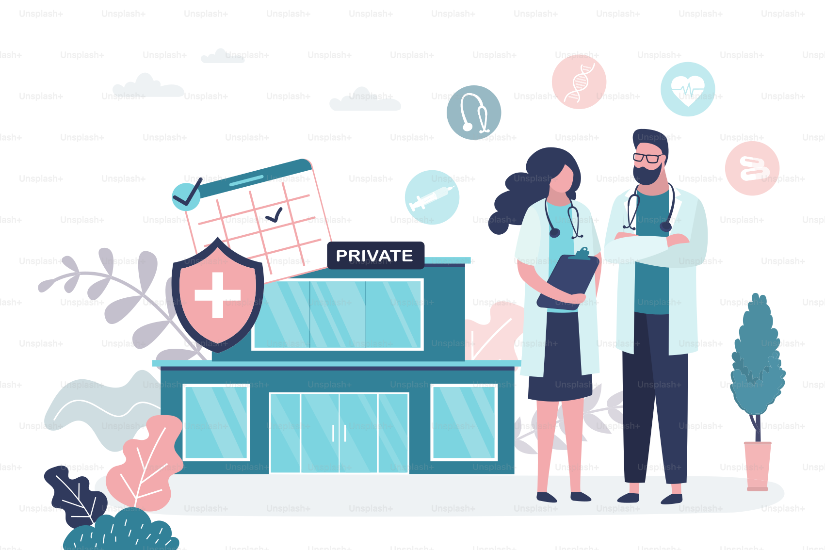 Man and woman doctors. Medical services concept. Female and male characters in uniform. Hospital or private clinic building on background. Flat vector illustration