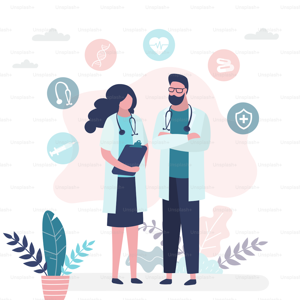 Man and woman doctors. Male doctor and female nurse. Medical workers and medicine icons or signs. Humans characters in trendy style. Flat vector illustration