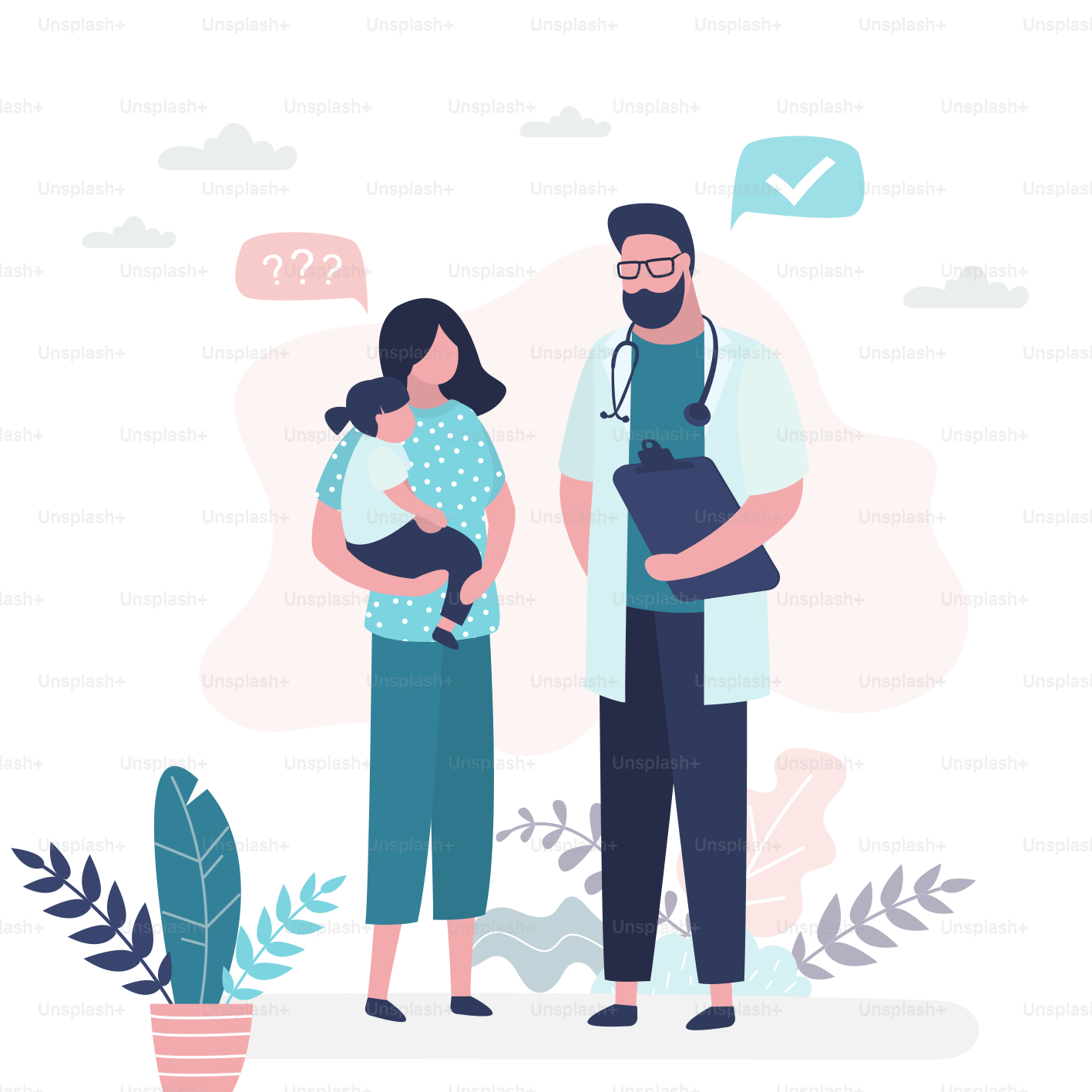 Kinderarzt spricht mit Patienten. Mutter mit Tochter und männlicher medizinischer Spezialist oder Krankenschwester. Hintergrund im Gesundheitswesen und Medizinberatung. Trendige Vektorillustration