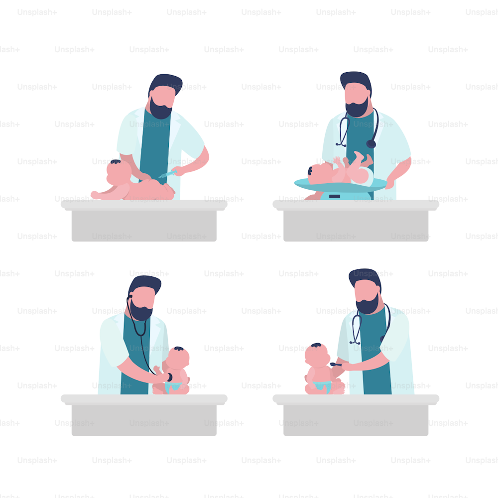 Set of male pediatrician and baby, isolated on white background. Handsome doctor or physician man in white coat examines, listens, treats infant with help of medical devices. Flat vector illustration
