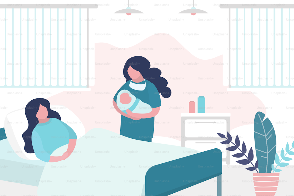 美しい女性は出産後にベッドに横になり、看護師は生まれたばかりの赤ちゃんを抱きしめます。周産期センターの部屋。家具付きのインテリア。ヘルスケアと母性のコンセプト。トレンディなベクターイラスト