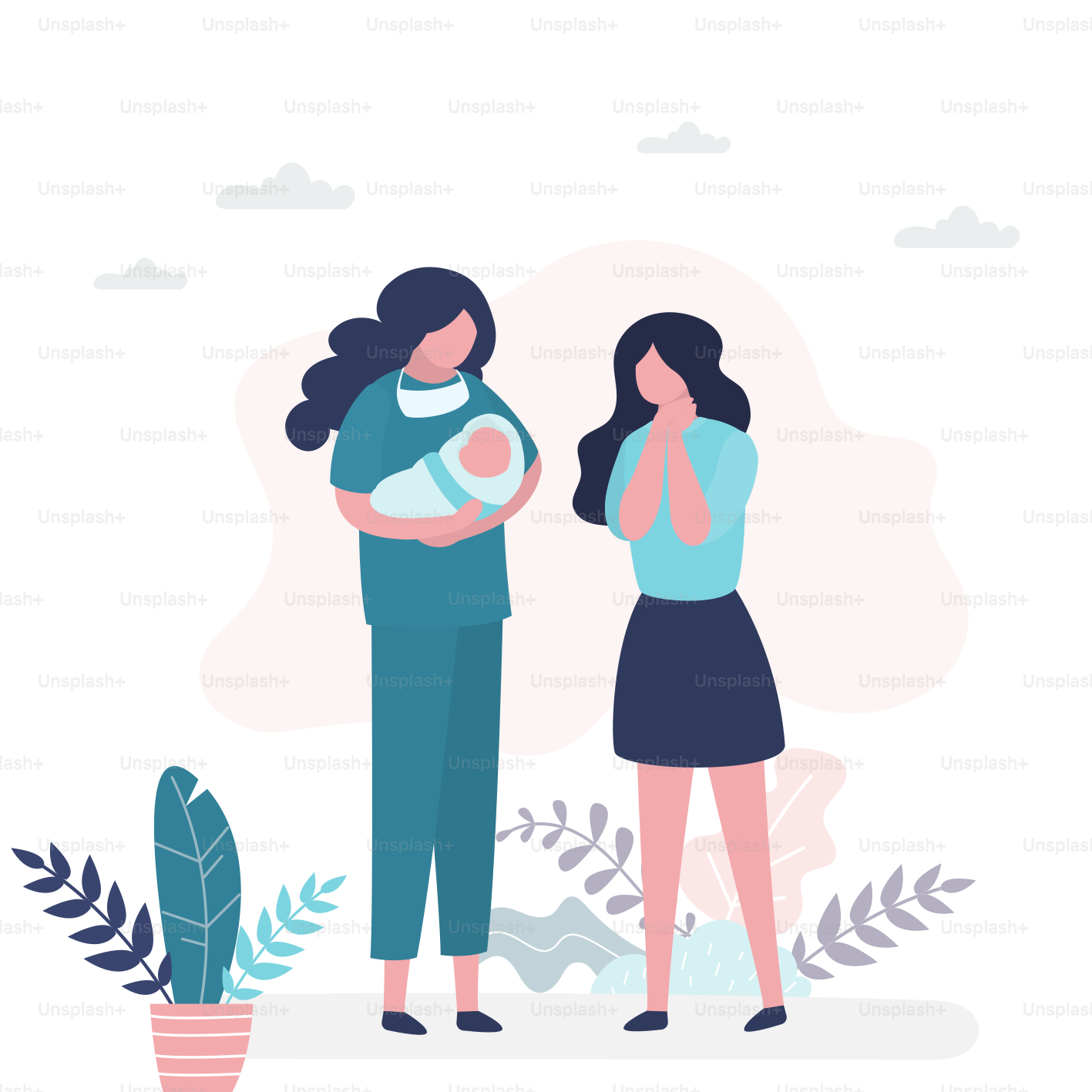 Beauty nurse or doctor holds a newborn baby in hands, happy mother standing near. Accoucheur in uniform holding child. Motherhood and childhood concept. Health care banner. Trendy vector illustration