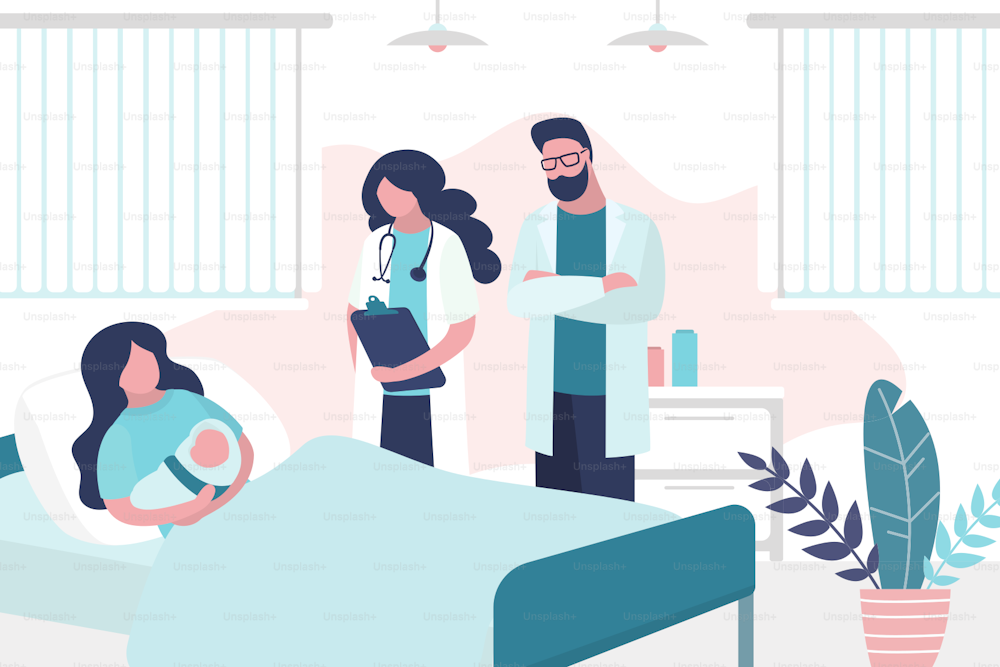 Beauty woman lies on bed and hold newborn baby. Patient, doctor and nurse. Room in the perinatal center. Medical examination and consultation. Health care, motherhood concept. Trendy vector illustration