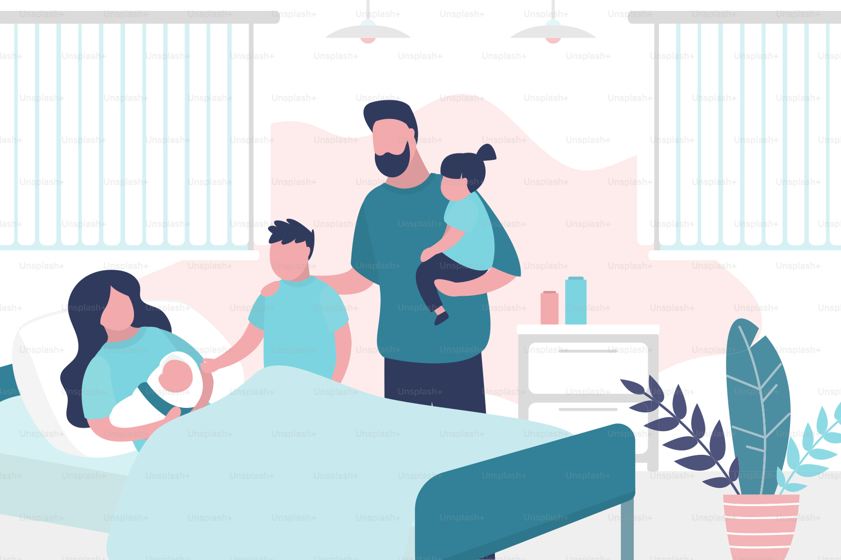Die Schönheitsfrau liegt nach der Geburt auf dem Bett und hält das Neugeborene. Ehemann mit Kindern. Raum im Perinatalzentrum. Interieur mit Möbeln. Gesundheitsfürsorge und Mutterschaftskonzept. Trendiger Vektor