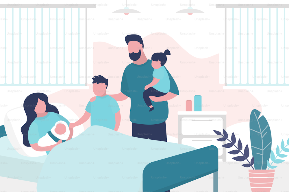 Beauty woman lies on bed after giving birth and hold newborn baby. Husband with children. Room in the perinatal center. Interior with furniture. Health care and motherhood concept. Trendy vector