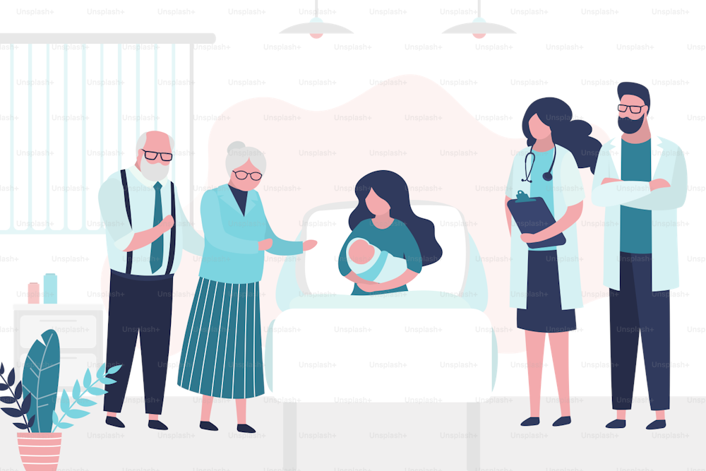 Beauty woman lies on bed and hold newborn baby. Patient with grandparents and doctors. Room in the perinatal center. Medical examination, consultation or checkup. Health care, motherhood concept. Vector
