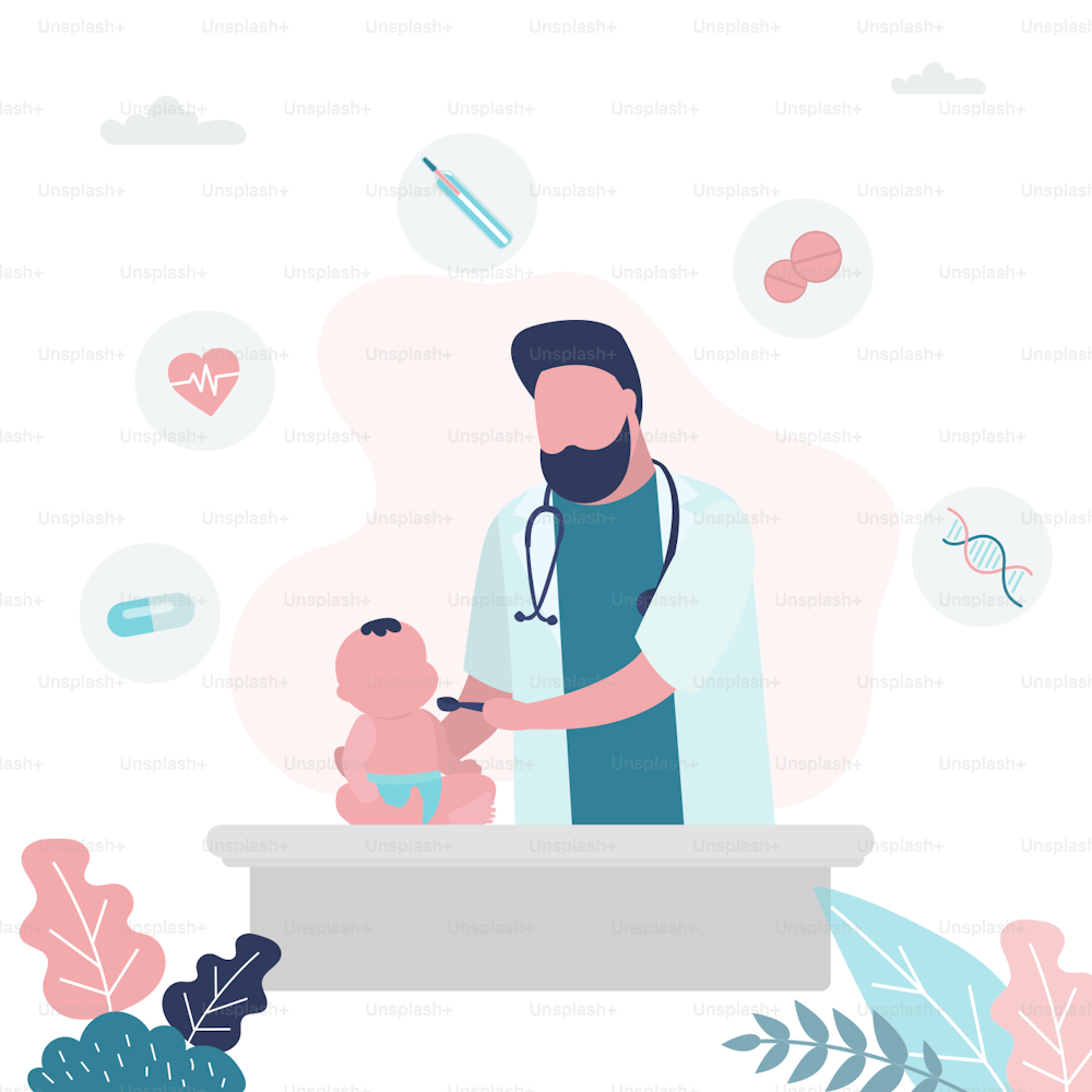 Pediatrician doctor examines a child. Infant baby and handsome male medical specialist. Health care background. Medical checkup. Trendy vector illustration
