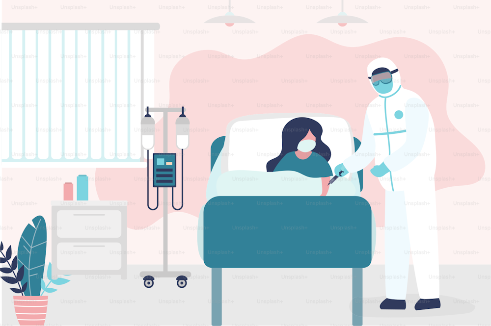 Sick woman lies in bed at the hospital. Room in hospital. Medical staff and infected patient. Health care and aid. Medical virus quarantine. Trendy vector illustration