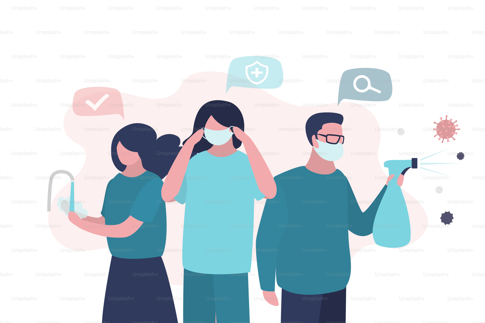 Virus prevention concept. Group of people wash their hands, wear protective masks and disinfect objects. Health care concept. Humans closeup. Global epidemic or pandemic. Trendy vector illustration