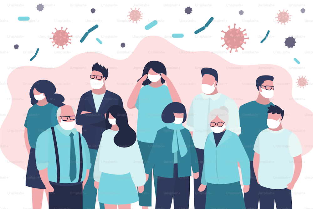 Crowd masked people. Human characters put on face protective masks. Protection from viral infection. Virus covid-19. Disease and Epidemic Spread. Trendy flat vector illustration