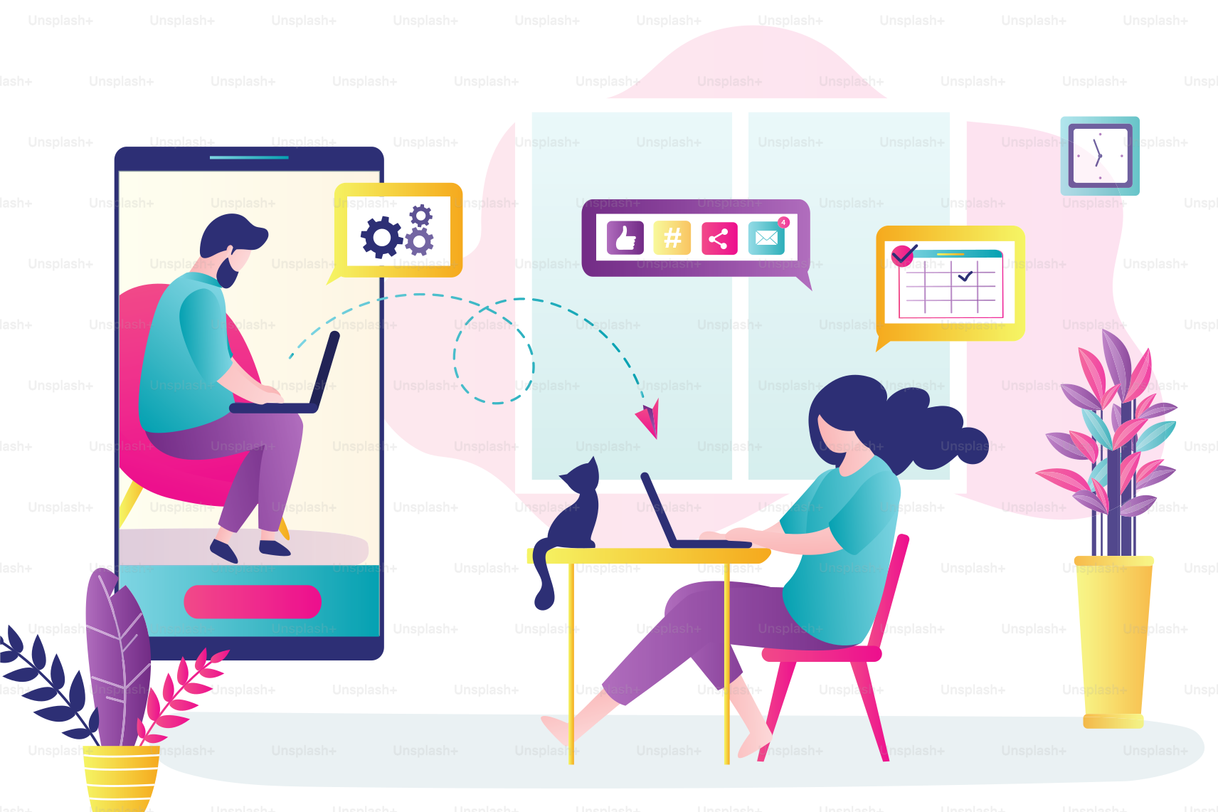 Businesswoman freelancer at home office. Remote work, performance of tasks sent by email or social media. Male boss and female employee use laptops. Virus quarantine concept. Vector illustration