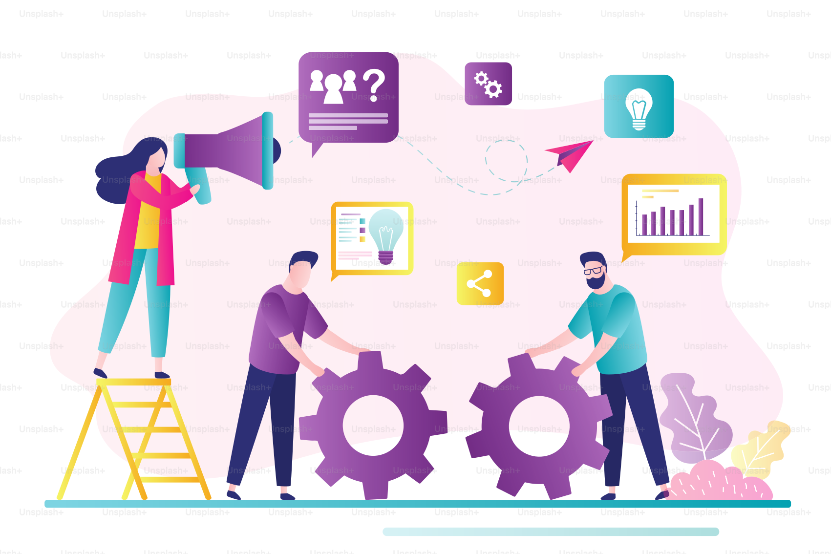 Teamwork, brainstorming concept. New project, office work. Woman boss controlling. Two office workers move big gears. Group of employees generate new ideas and plans. Trendy flat vector illustration