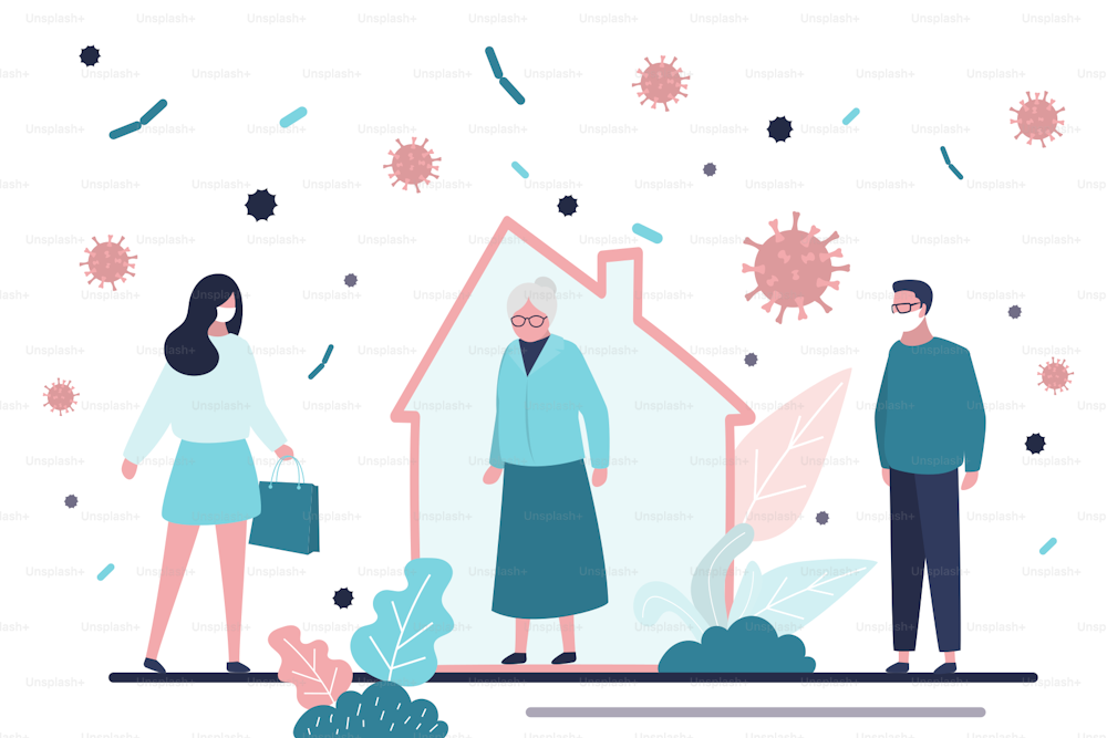 Stay home concept. Healthy old man at home. Grandmother on quarantine or self-isolation. Infected people on street. Fears of getting coronavirus. Global viral pandemic Covid-19. Vector illustration