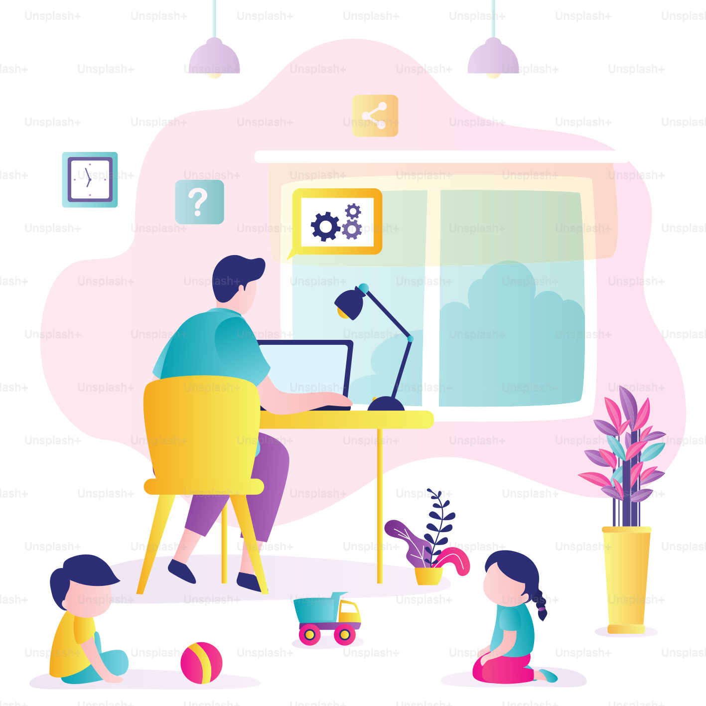 Remote work from home. Male businessman or freelancer sits at workplace and works, children in room play. Stress, Disadvantages of Working from Home. Loss of productivity. Flat Vector illustration