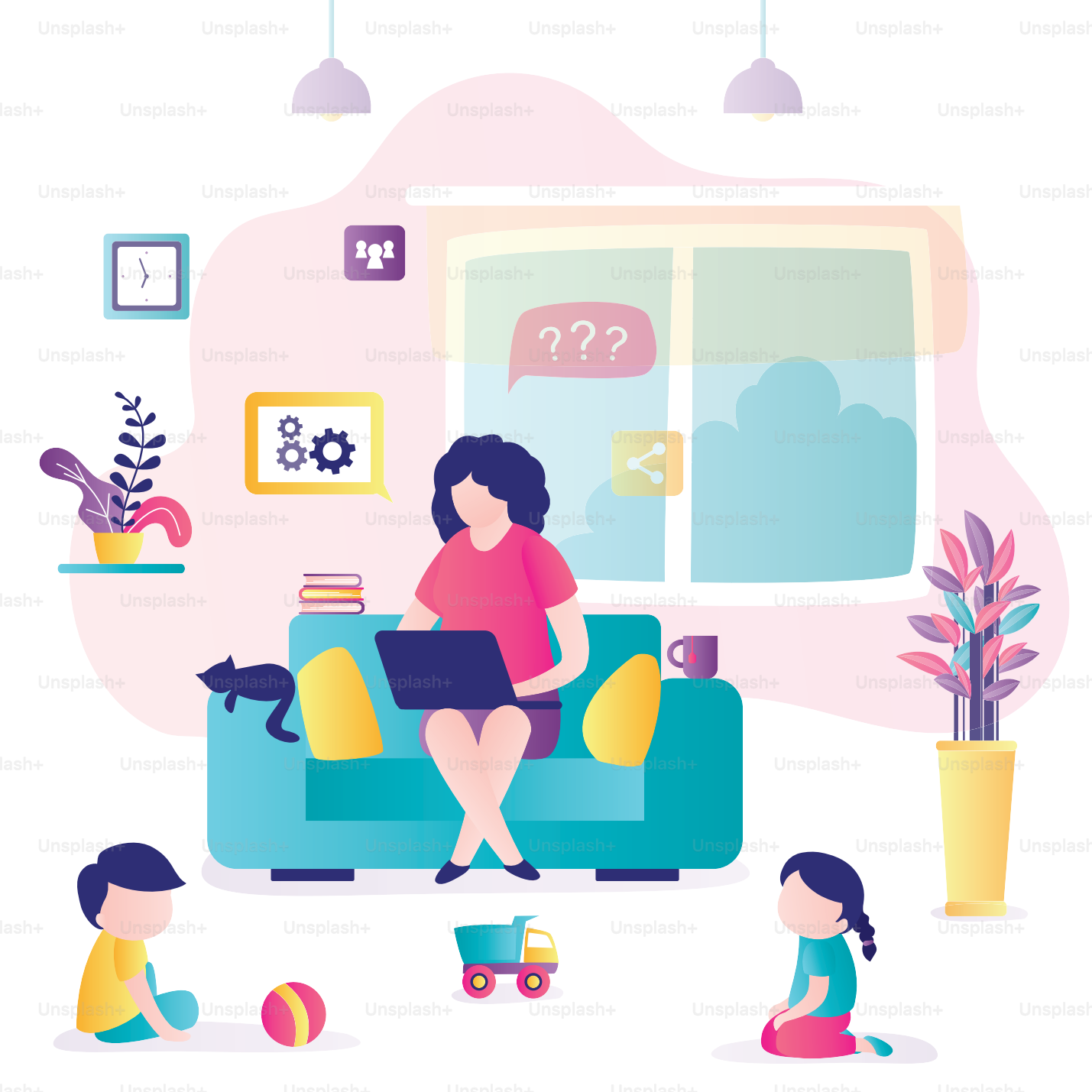 Travail à distance depuis la maison. Femme d’affaires ou pigiste s’assoit au fauteuil et travaille, les enfants jouent dans la chambre. Stress, inconvénients du travail à domicile. Perte de productivité. Illustration vectorielle plate
